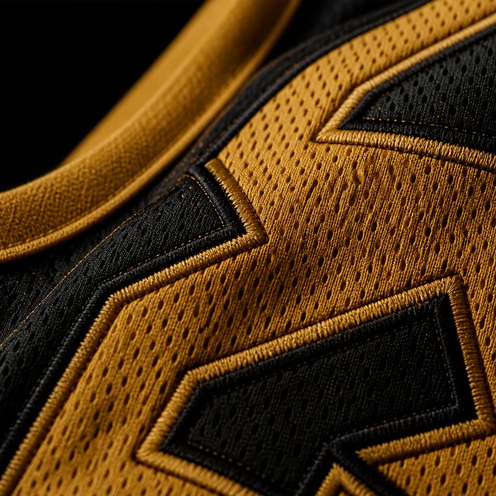 Macro close-up of sublimated basketball jersey mesh fabric and stitching