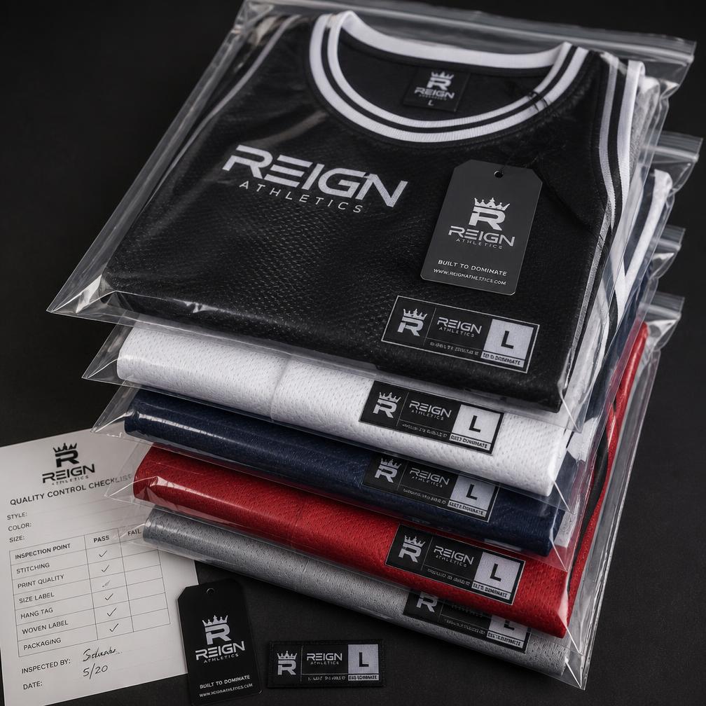 Folded custom basketball uniforms with woven labels, hang tags and QC checklist