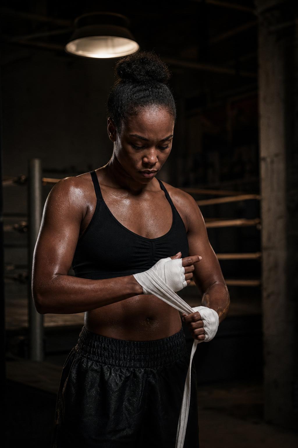 Female boxer wrapping hands in custom gear